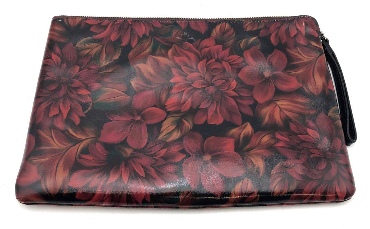 Patricia Nash Red Floral Leather Large Wristlet Pouch Clutch Bag Silver Hardware