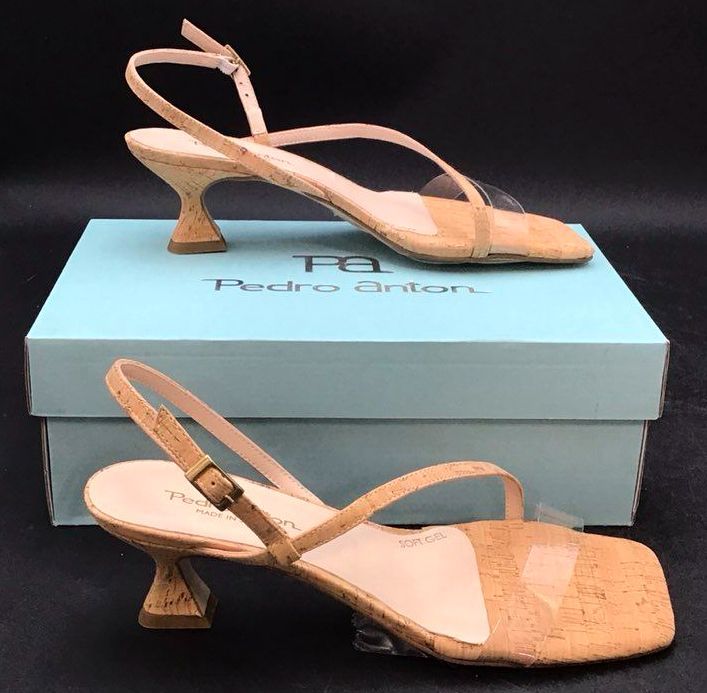 NIB Pedro Anton Women's Tan Cork Embossed Leather Slingback Heels - Size 40