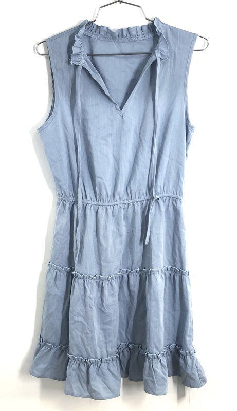 Women's Light Blue Sleeveless Ruffle V-Neck Tie Front Tiered Mini Dress Sz S