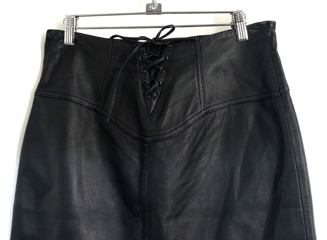 Vintage Y2K Express Women's Black Lace Up Genuine Leather Skirt Sz 9/10