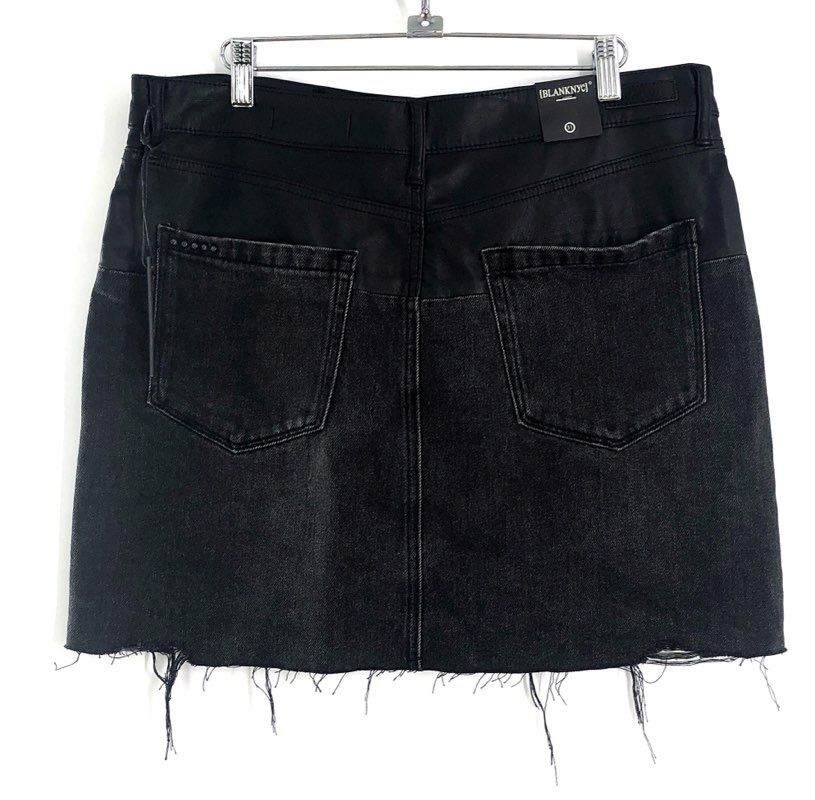 [BLANKNYC] Women's Black Mixed Media Faux Leather Denim Mini Skirt Raw Hem Sz 31