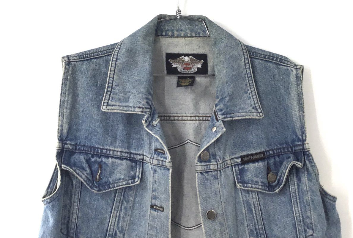 Vintage 90s Harley-Davidson Denim Trucker Back Patch Vest Made in Canada Sz M