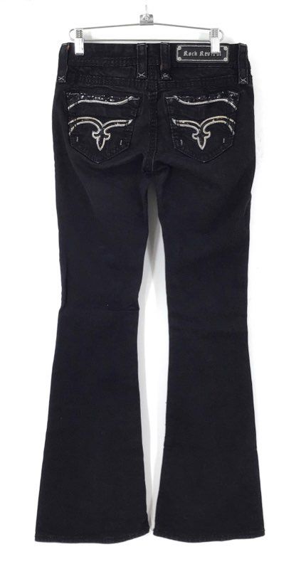 Rock Revival Women's Black Polly Flare Embellished Pocket Low Rise Jeans Size 26