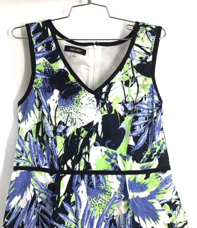 Nine West Women's Sleeveless V-Neck Sheath Dress Multicolor Floral Tropical Sz 8