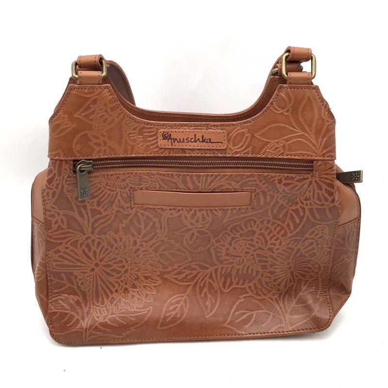 Anuschka Tan Brown Embossed Leather Floral Butterfly Shoulder Bag Handbag