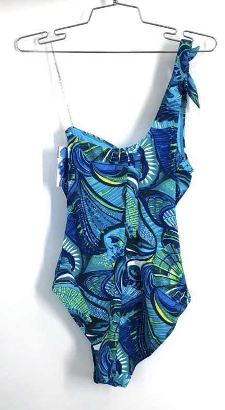 Skinnydippers Women's Flapjack One Piece Swimsuit Blue Multi One Shoulder NWT M