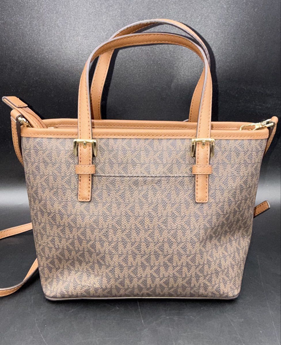 Michael Kors Brown Monogram Jet Set Travel Medium Top Zip Tote Gold Hardware