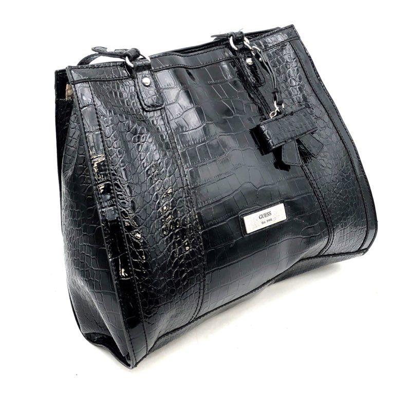 Vintage Guess Black Croc Embossed Patent Faux Leather Tote Shoulder Bag Y2K