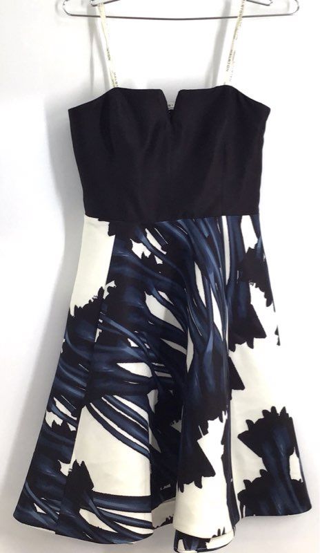 Halston Heritage Women's Abstract Floral Fit and Flare Dress Black Blue Sz 0 NWT