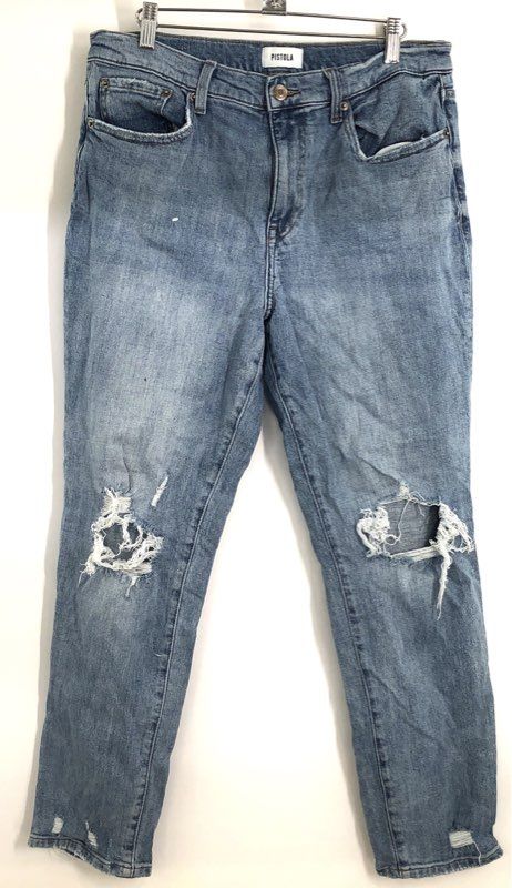Pistola Women's Blue Distressed High Rise Ripped Knee Frayed Hem Jeans Sz 31