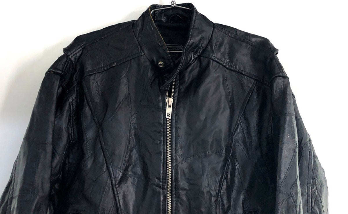Vintage Diamond Plate Buffalo Leather Biker Motorcycle Jacket Patches Sz M
