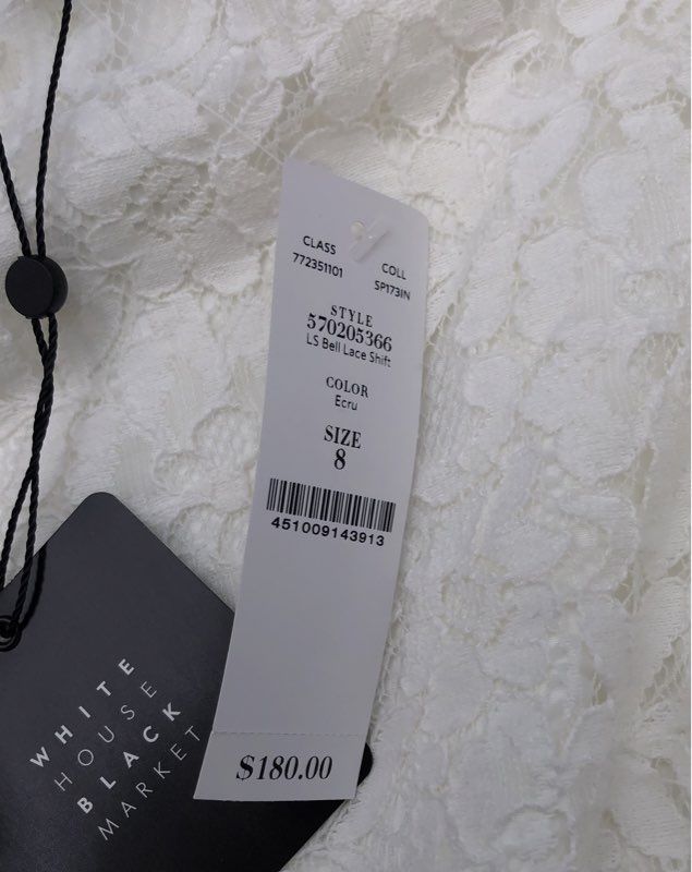 NWT White House Black Market Women's Ecru Bell Sleeve Lace Shift Dress - Size 8