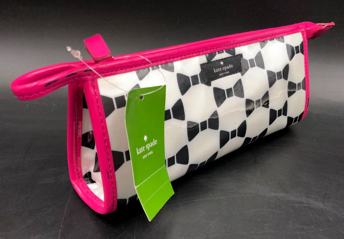 Kate Spade Heddy White/Black Bow Print Cosmetics Pouch w/ Pink Trim & Tag (+COA)
