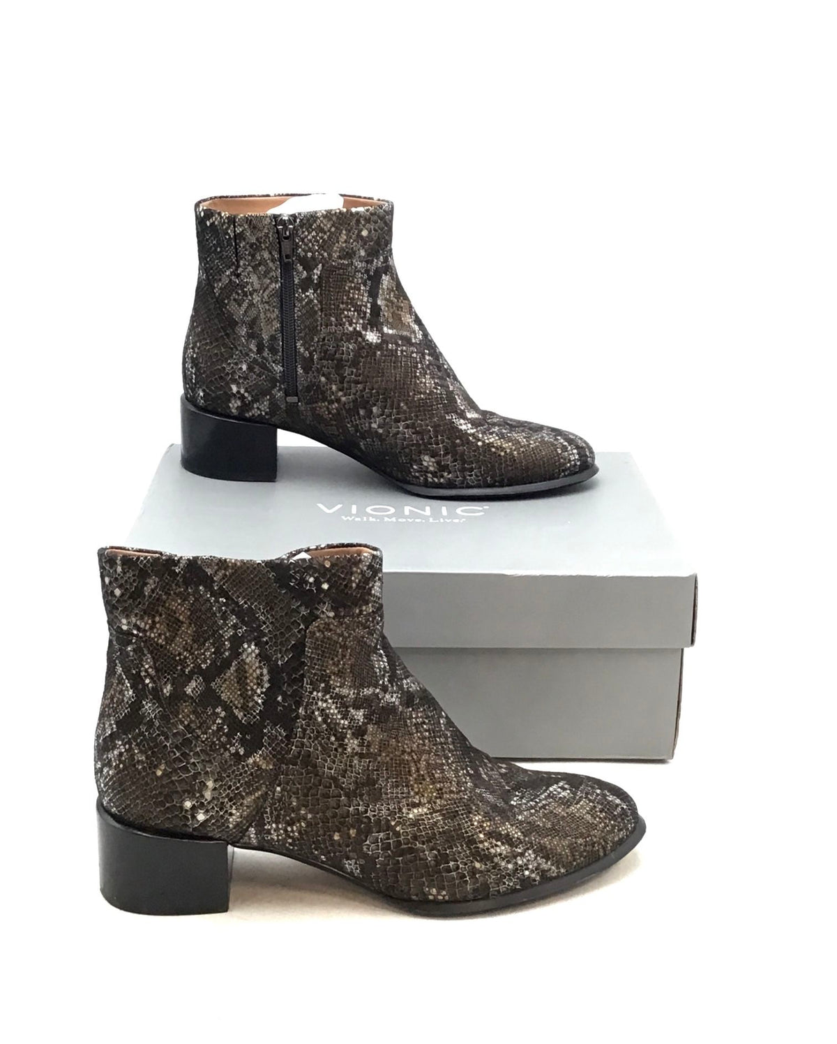 Vionic Women&#39;s Kamryn Brown Snake Print Block Heel Ankle Boots - Size 9.5