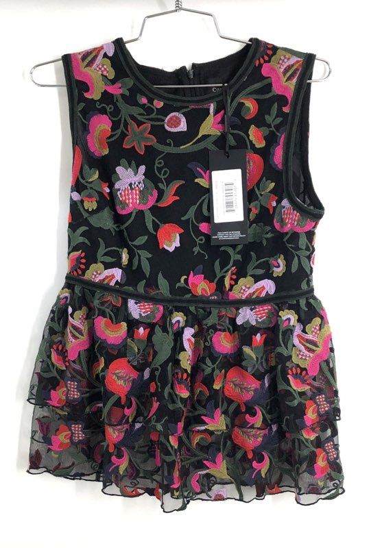Cynthia Rowley Women's Black Multi Floral Embroidered Mesh Peplum Top Sz S NWT