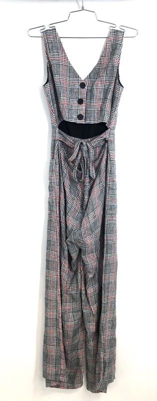 Mango MNG Casual Women's Plaid Wide Leg Jumpsuit Cutout Button Back XXS