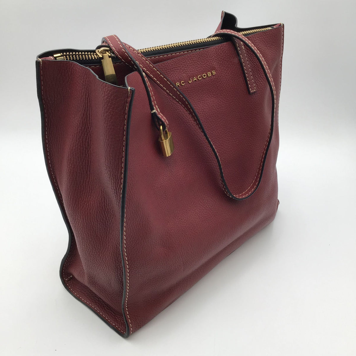 Marc Jacobs Burgundy Pebbled Leather Tote Bag with Gold-Tone Accents (+COA)