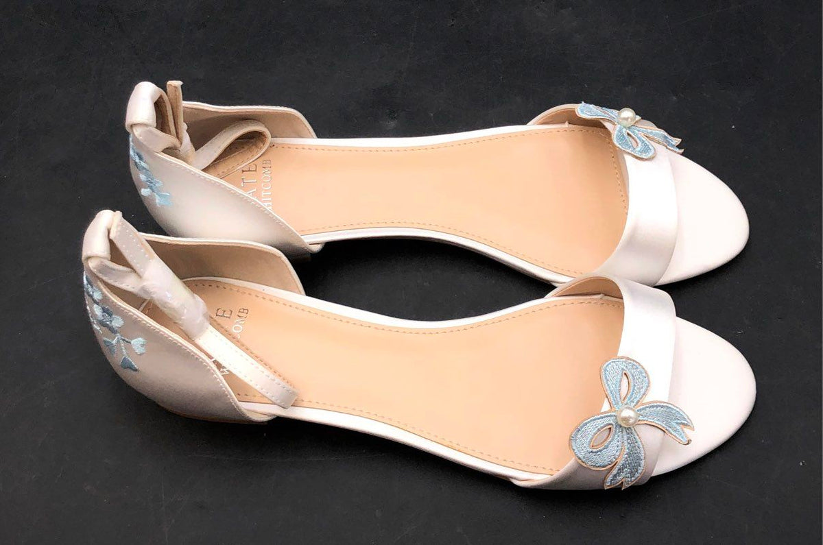Kate Whitcomb Something Blue Ivory Satin Bow Bridal Wedding Flats Size 8 NIB