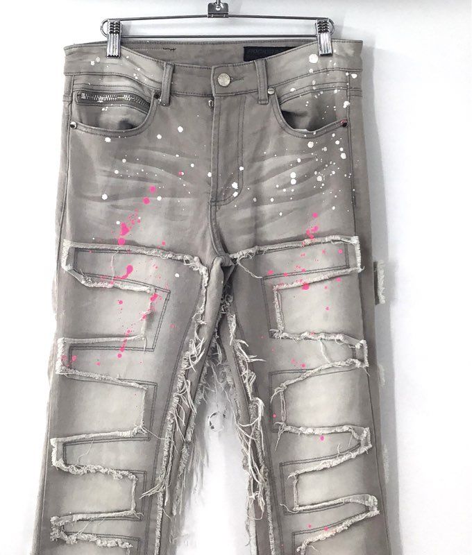 Rockstar Original Men's RSM 225 Hallie Gray Distressed Paint Splatter Jeans 30