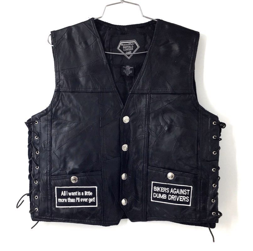 Vintage Diamond Plate Buffalo Leather Motorcycle Vest Patched Side Lace Sz M