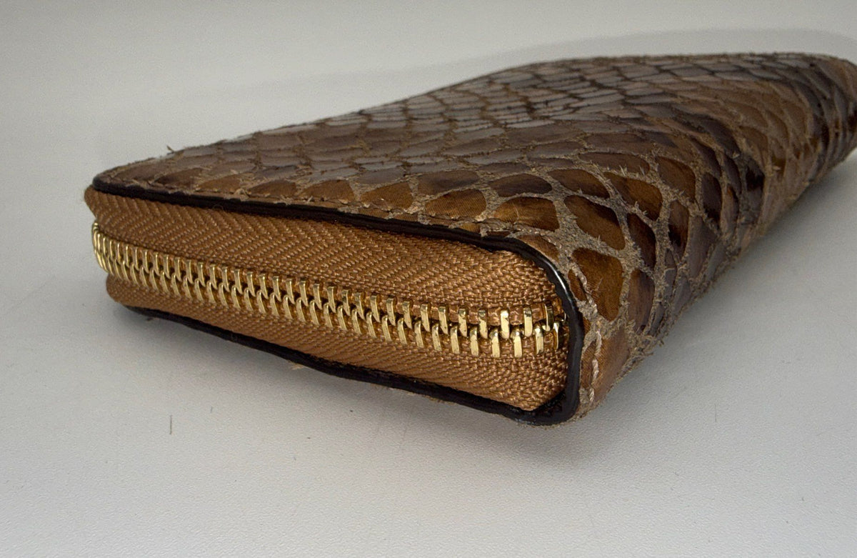 Michael Kors Brown Snakeskin Embossed Leather Zip Around Wristlet Wallet