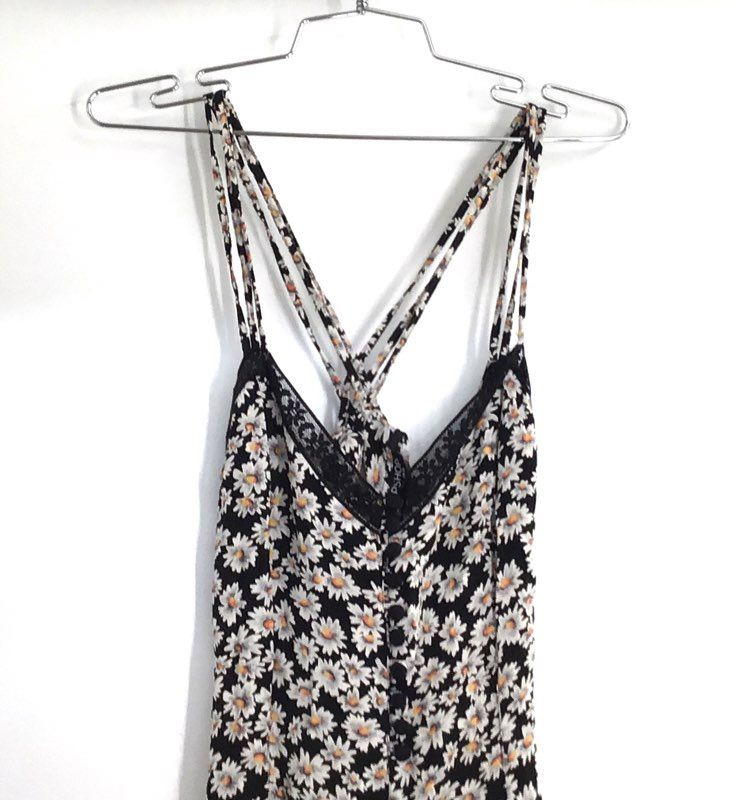 Topshop Women's Daisy Print Romper Black Lace Trim Strappy Button Front Sz 6