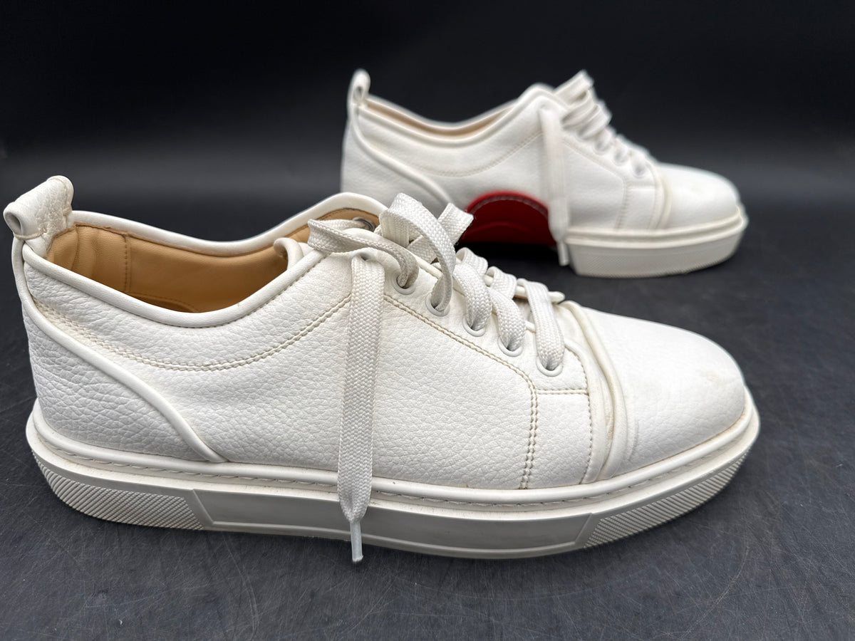 Red Sole Louboutin Style White Pebbled Leather Low Top Sneakers Men's Size 41