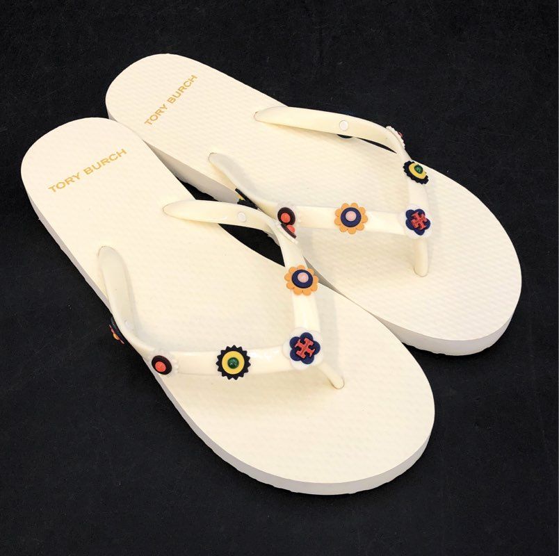 Tory Burch Floral Daisy Charm Ivory Multi Thong Sandals Flip Flops Size 7M