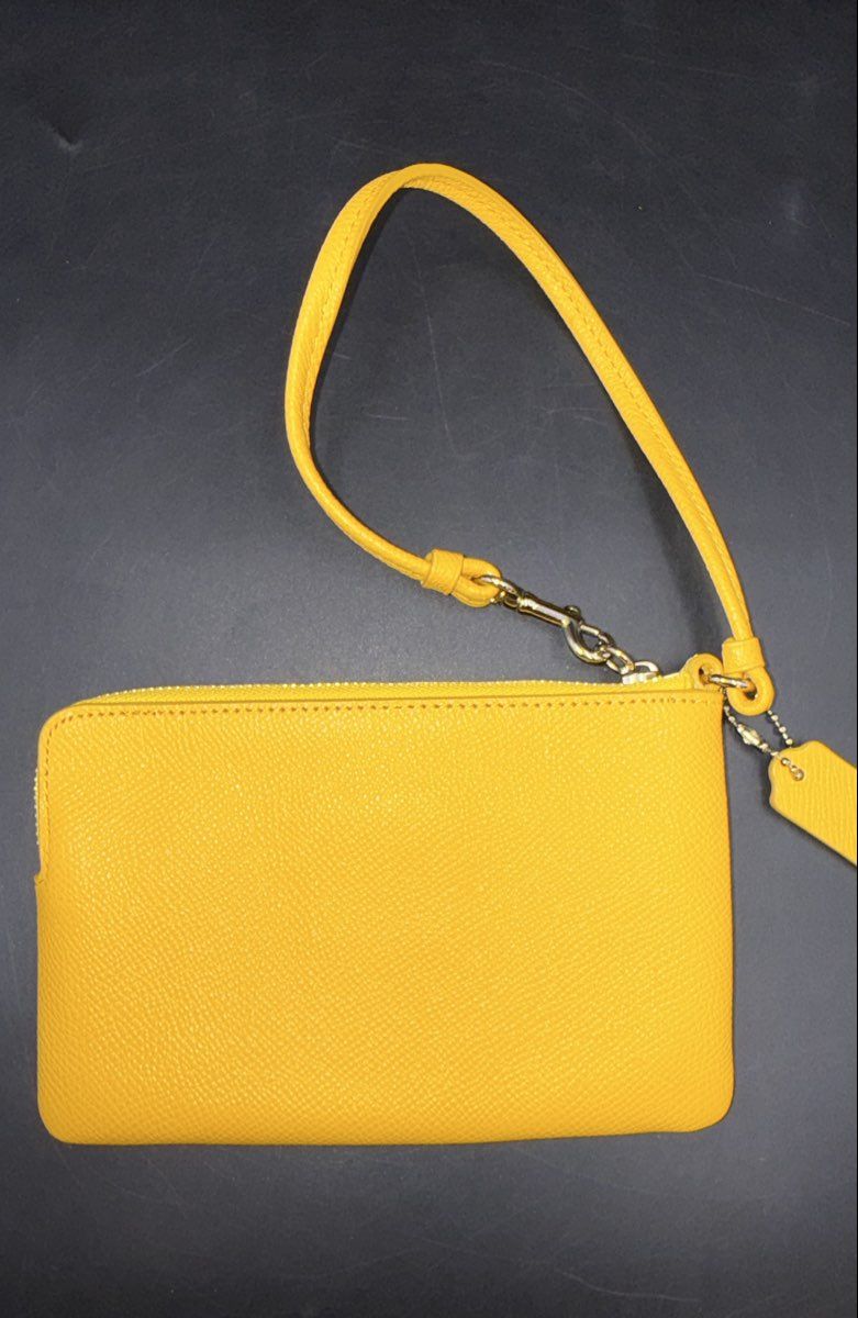 Coach Bright Yellow Crossgrain Leather Corner Zip Wristlet Gold Hardware