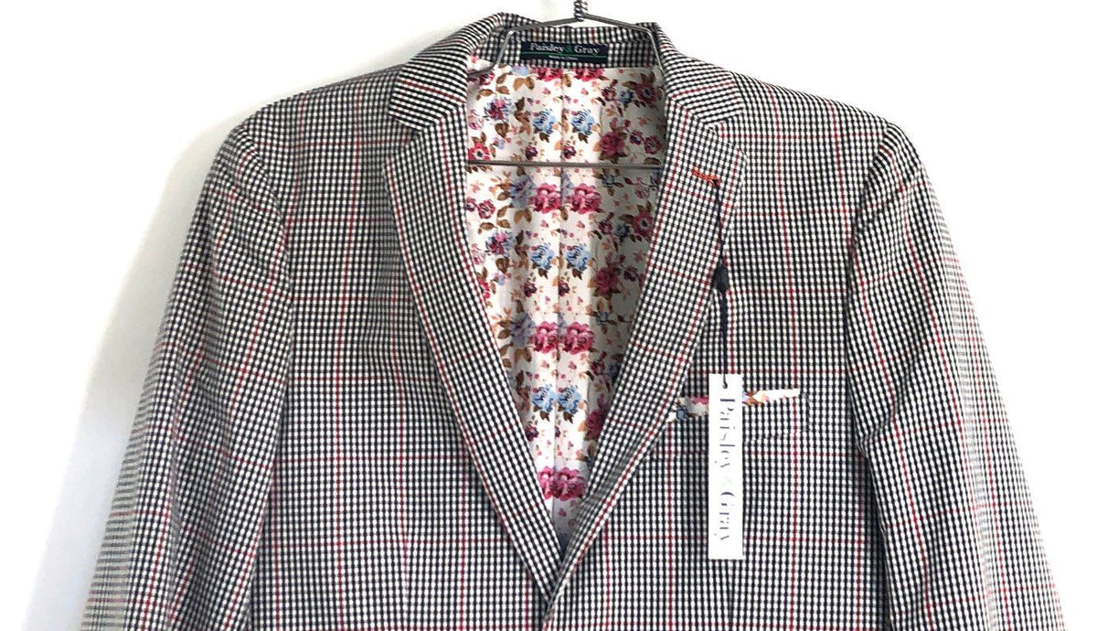 Paisley & Gray Men's Blazer Black White Red Checkers Plaid Skinny Fit NWT Sz 36R
