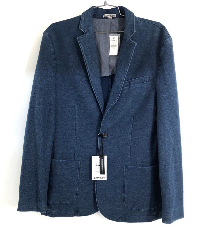 Express Men's Blue Slim Fit Knit Denim Blazer Jacket Sz S NWT