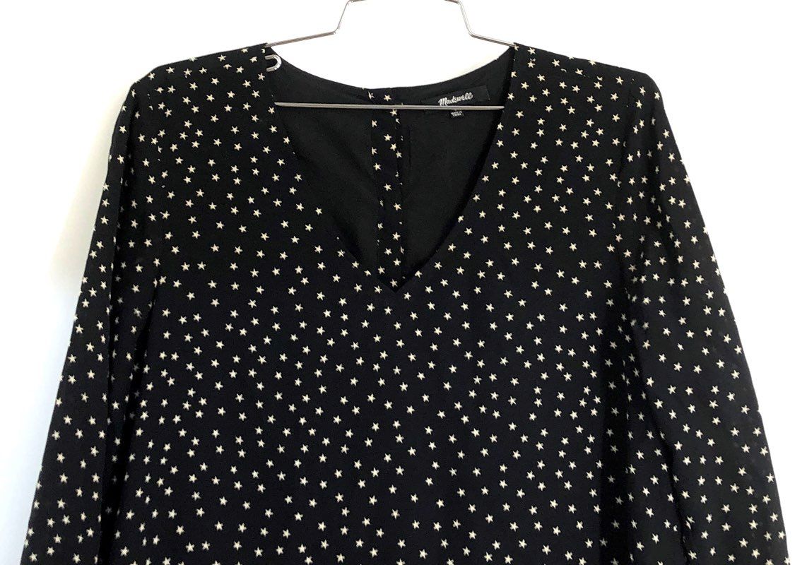 Madewell Women's Black Silk Star Print Long Sleeve V-Neck Mini Dress Size S