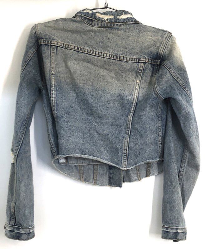 Aqua Women's Blue Distressed Destructed Cropped Denim Jacket Sz XS