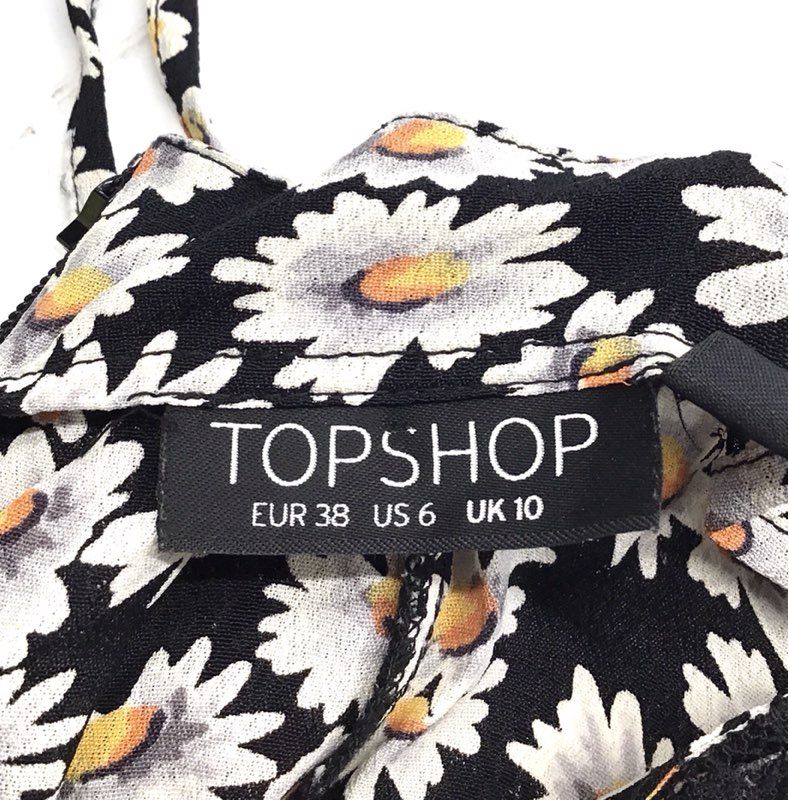 Topshop Women's Daisy Print Romper Black Lace Trim Strappy Button Front Sz 6