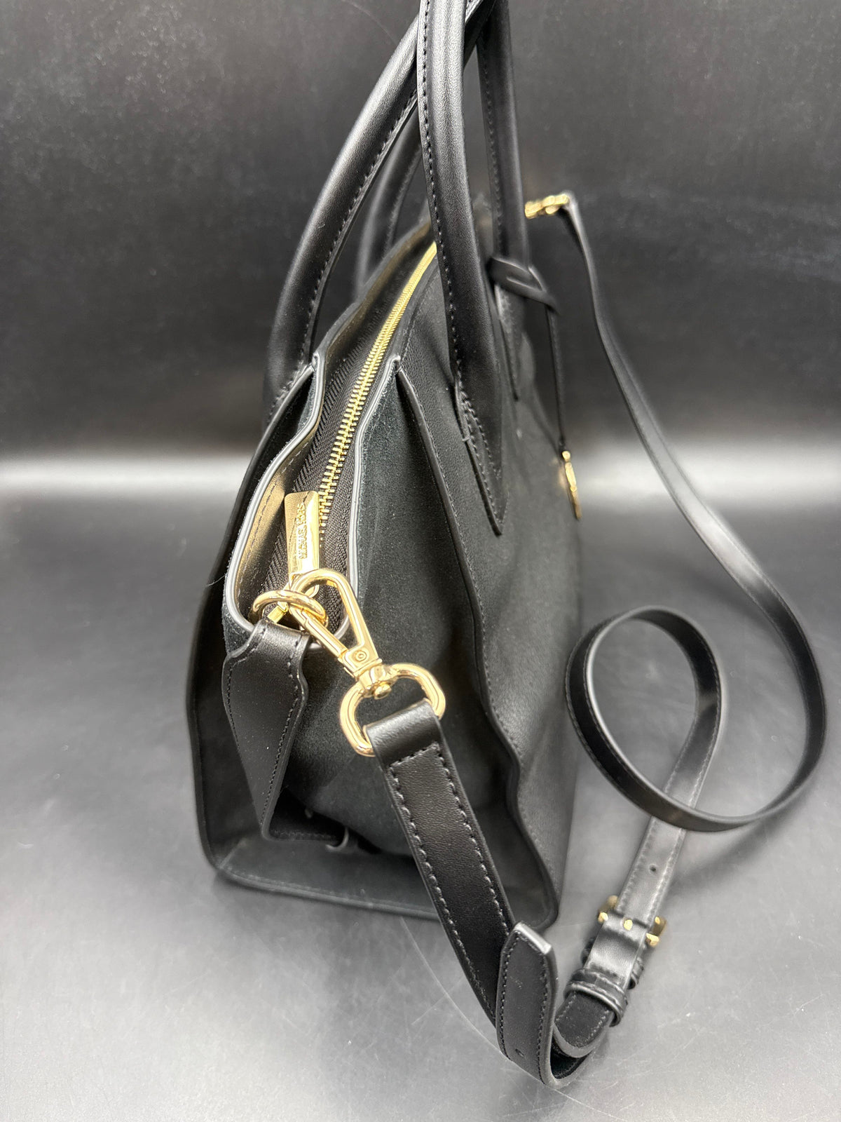 Michael Kors Black Avril Leather & Suede Satchel Crossbody Bag Gold Hardware COA