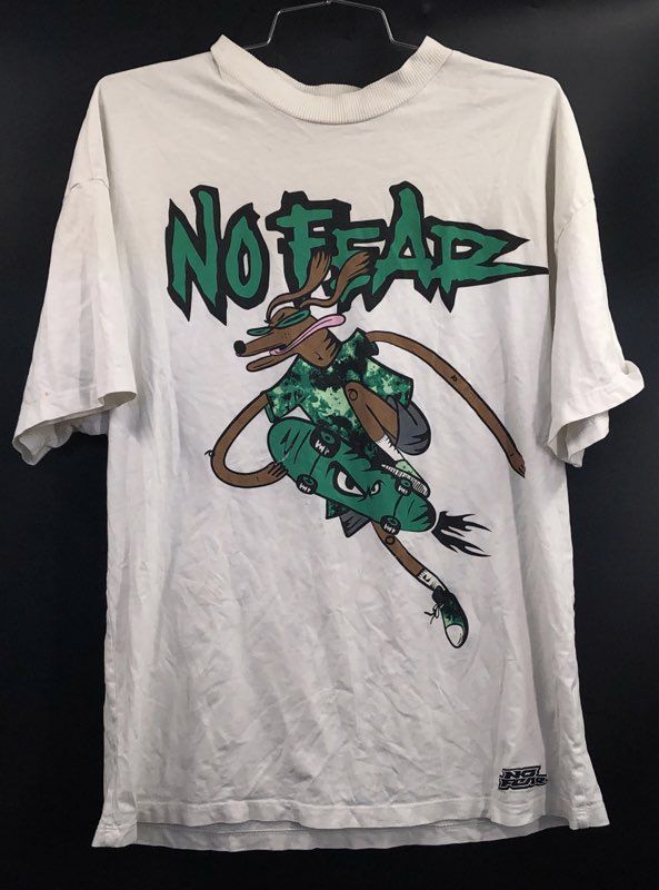 No Fear Skateboard Dog Graphic T-Shirt White Y2K Sz S