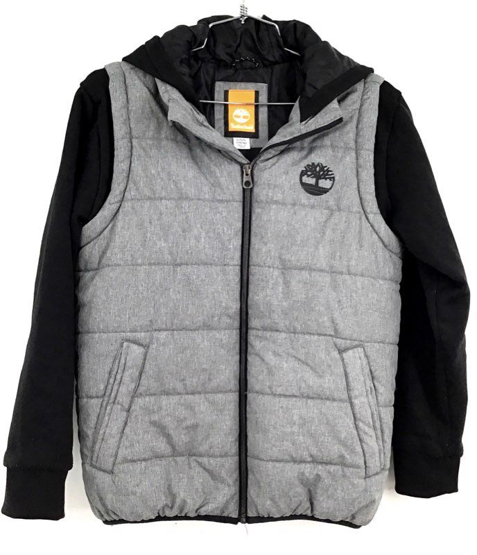 Timberland Boys Gray Black Hooded Full Zip Puffer Jacket - Size Large