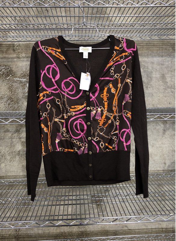 Talbots Women's Cardigan Sweater Brown Scarf Print Equestrian NWT Size L