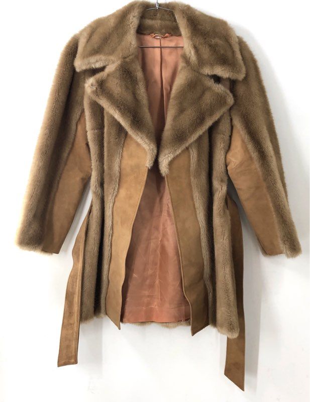 Vintage 70s Lilli Ann Women's Penny Lane Faux Fur Suede Belted Coat Sz S