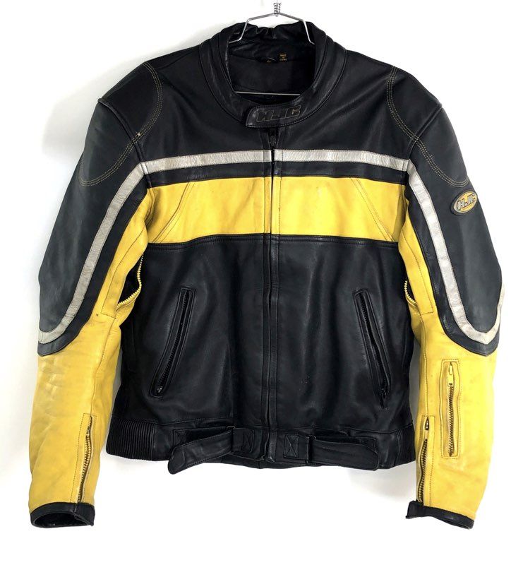 HJC Men's Cirotech Leather Motorcycle Jacket Yellow Black Padded Vintage Y2K 48