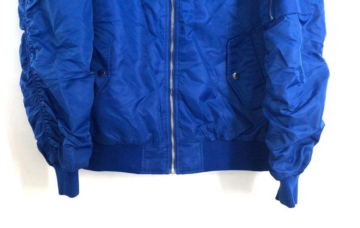 Two to Five Women's Royal Blue Ruched Sleeve Bomber Jacket Quilted Lining Sz M