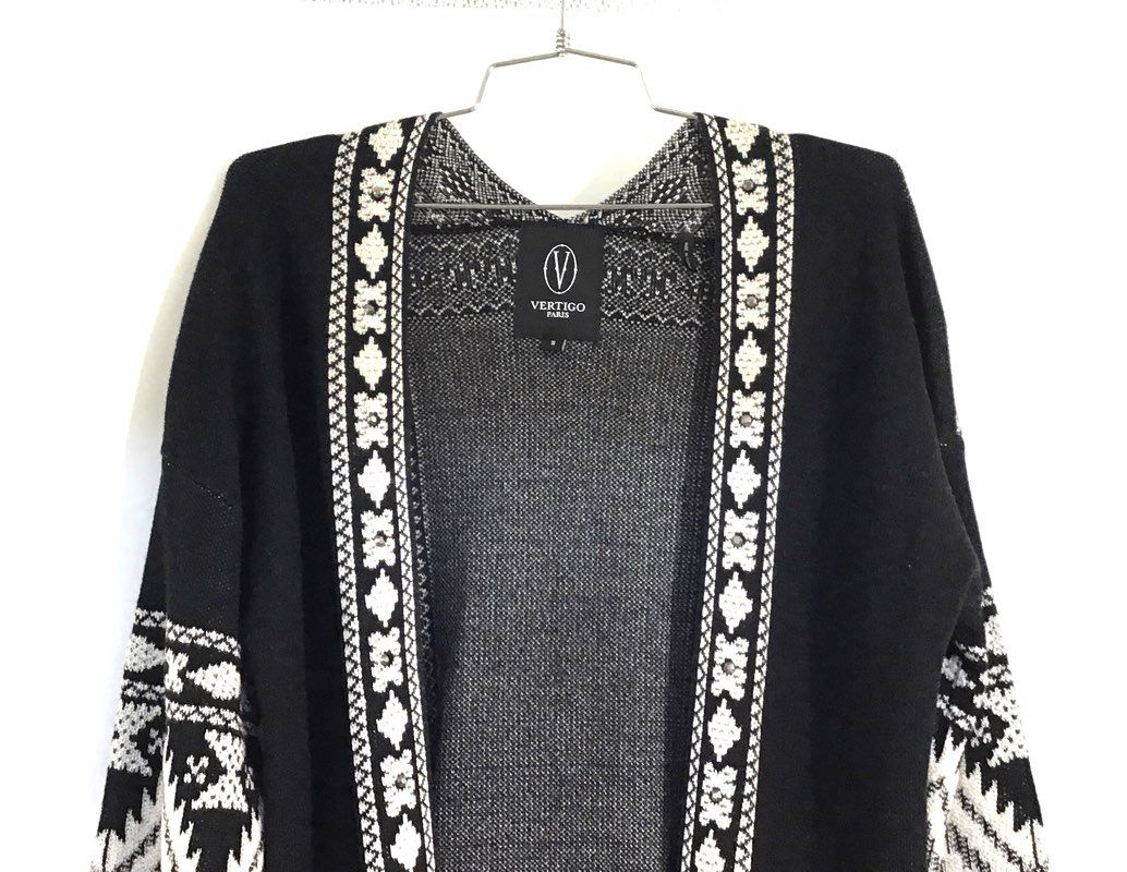 Vertigo Paris Women's Black White Geometric Open Front Longline Cardigan Sz S