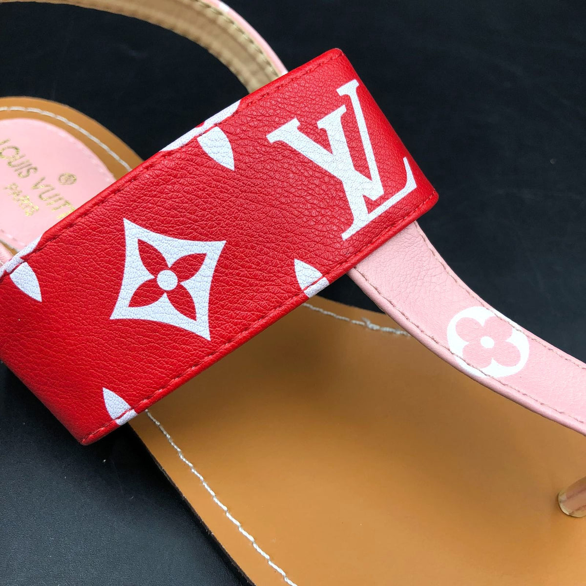Louis Vuitton Inspired Women's Brown/Red/Pink Monogram Print Sandals - Size 38