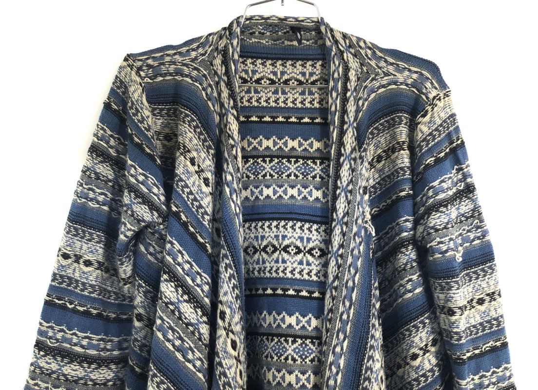 Elan Women's Blue Southwestern Tribal Open Front Fringe Cardigan Sweater Sz M