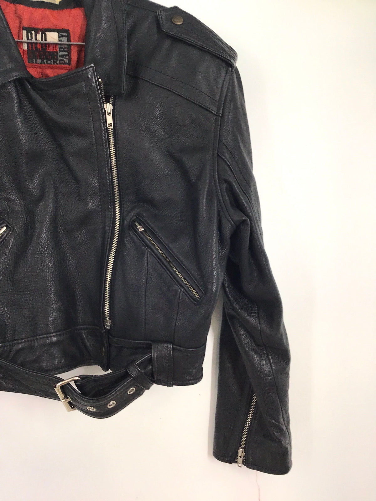 Esprit Sport Women&#39;s Black Leather Cropped Motorcycle Jacket - Size Large