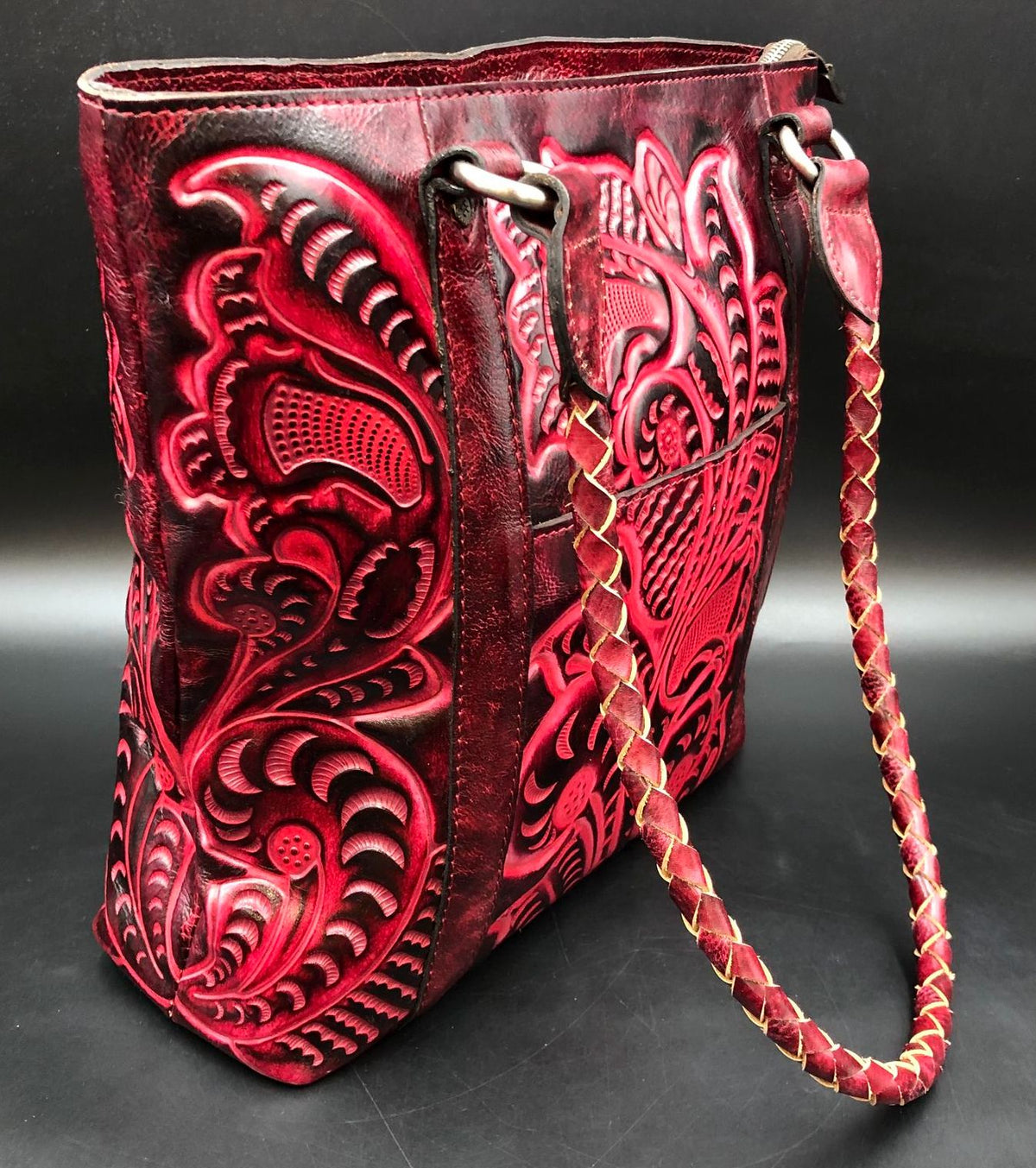 Patricia Nash Oxblood Red Tooled Leather Tote with Brushed Silver-Tone Hardware