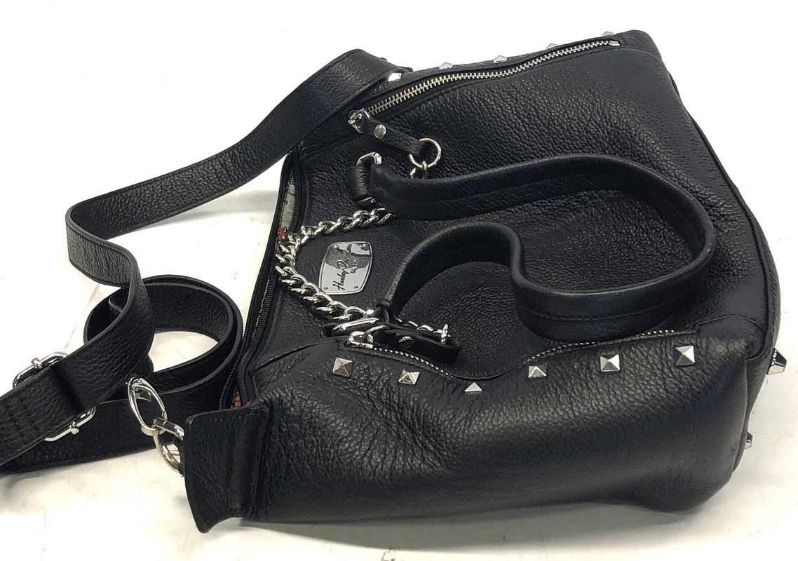 Harley Davidson Black Pebbled Leather Studded Satchel Crossbody Bag