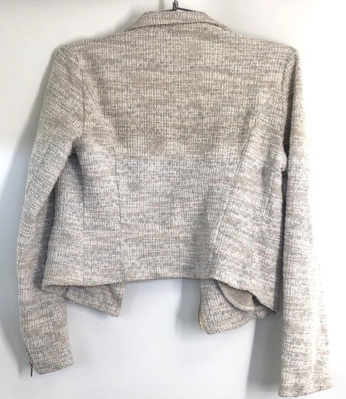 Cozy Fox Women's Asymmetrical Zip Moto Jacket Cream Textured Tweed Sz S