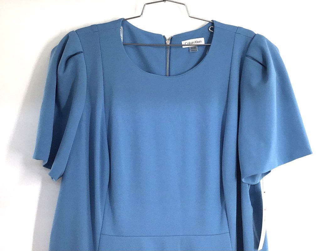 Calvin Klein Women's Blue Puff Sleeve Crepe Fit & Flare Dress NWT Sz 20W