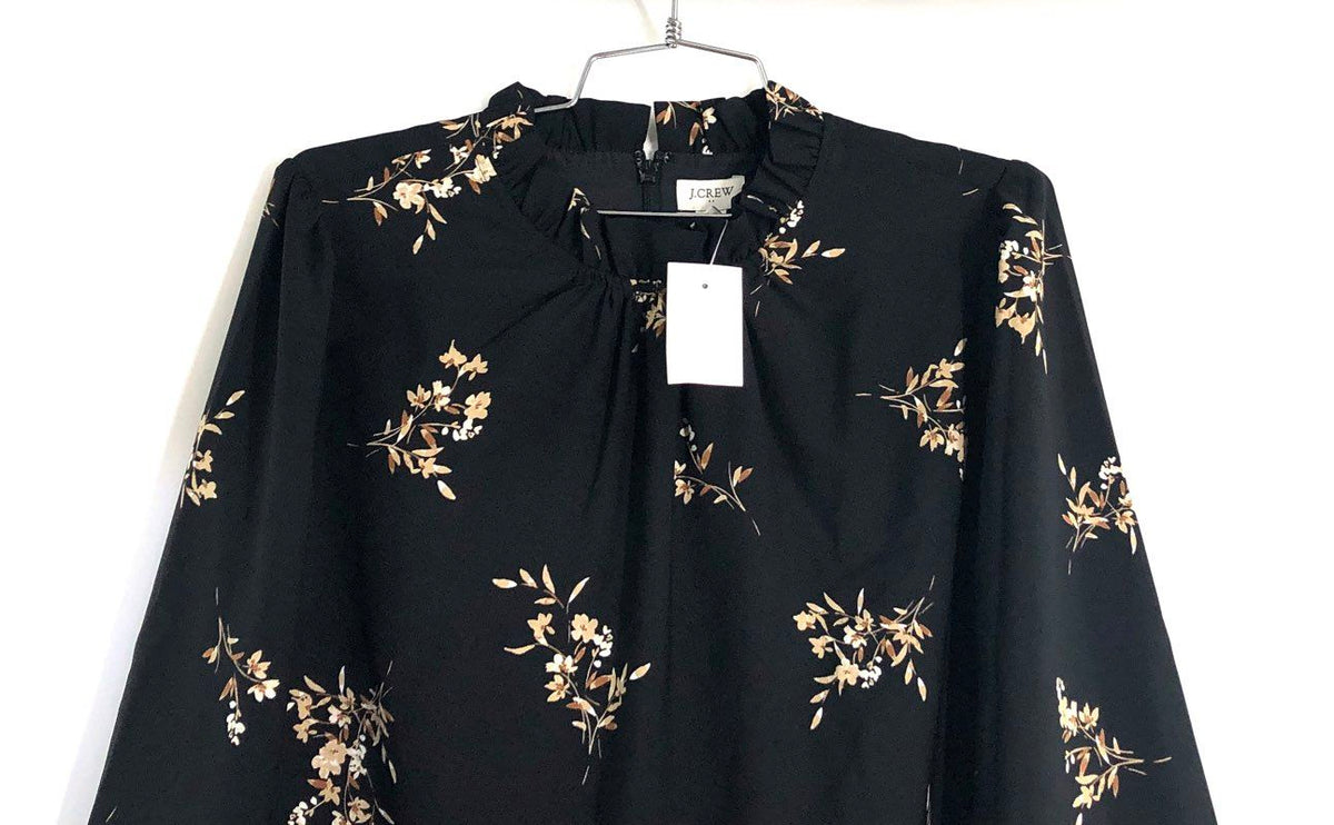 J.Crew Women's Black Floral Ruffle Neck Long Sleeve Dress NWT Sz 12P